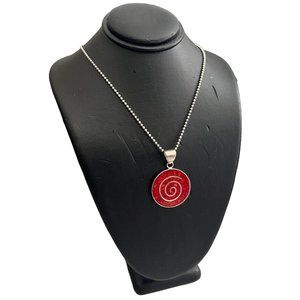 Red Stone Small Radial White Line Circle Pendant Sterling Silver GUC